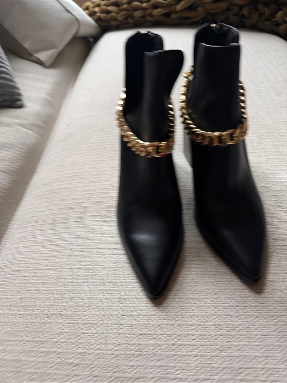 Steve Madden Black Leather Pointed Ankle Boots with Gold Chain